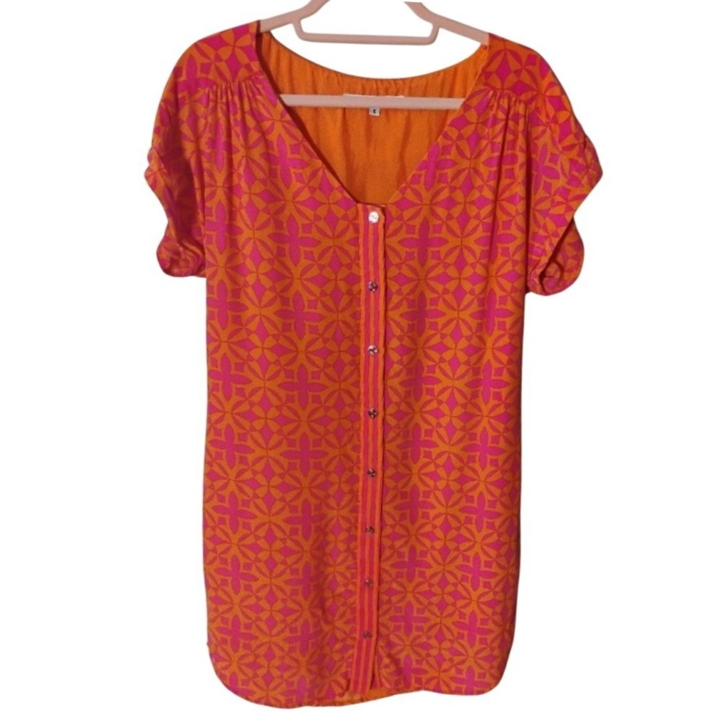 Trina Turk Size‎ 8 Orange Pink Geometric Button Front Shift Dress Short Sleeve